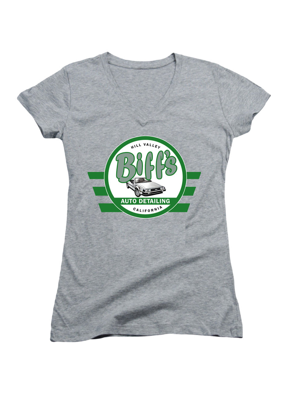 Gray Biff's Auto Detailing Juniors V-Neck T-Shirt