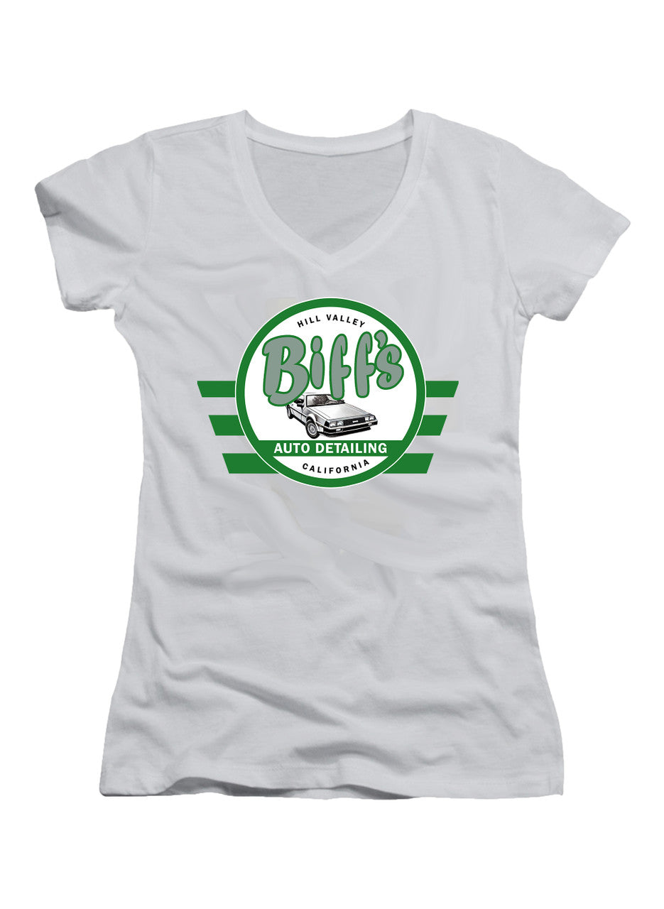 White Biff's Auto Detailing Juniors V-Neck T-Shirt