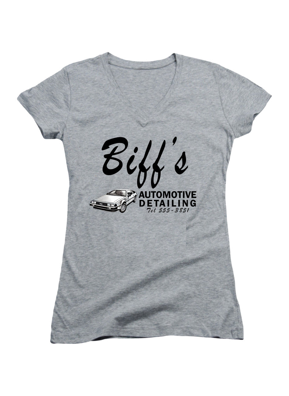 Gray Biff's Automotive Detailing Juniors V-Neck T-Shirt