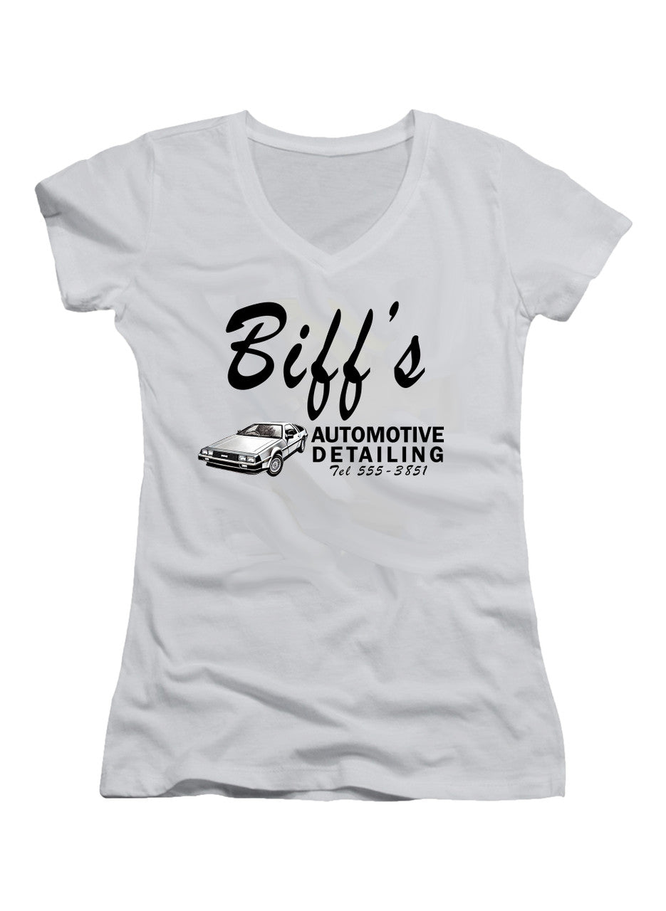 White Biff's Automotive Detailing Juniors V-Neck T-Shirt