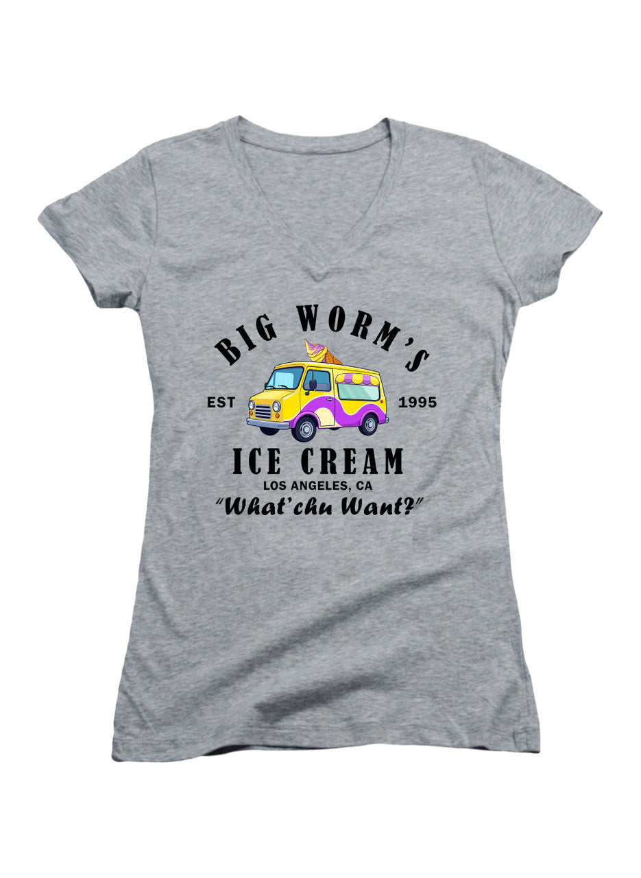 Gray Big Worm's Ice Cream Juniors V-Neck T-Shirt