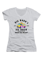 White Big Worm's Ice Cream Juniors V-Neck T-Shirt