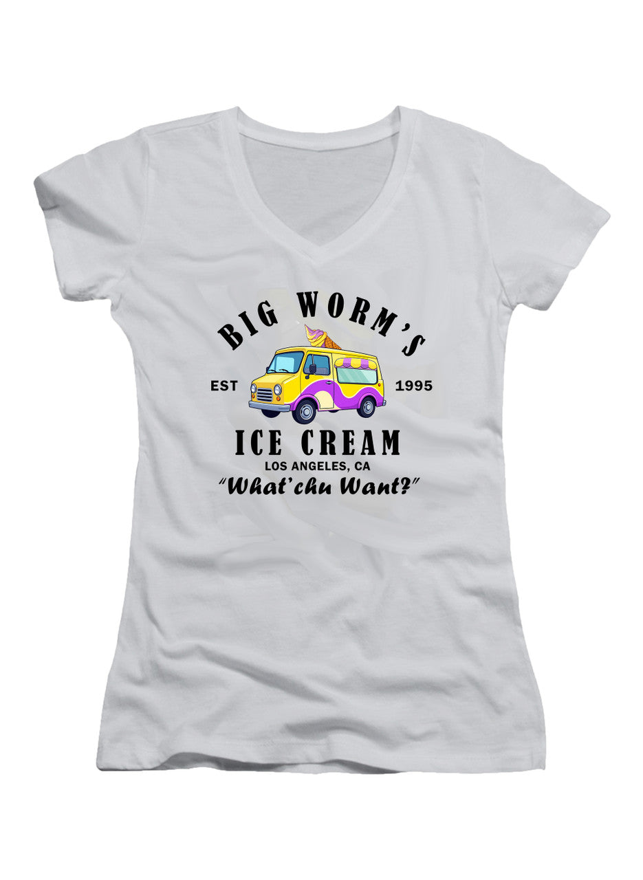 White Big Worm's Ice Cream Juniors V-Neck T-Shirt