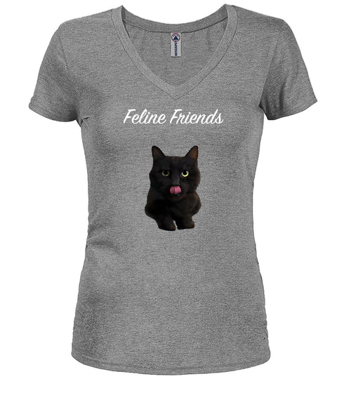 Gray Black Cat Juniors V-Neck T-Shirt