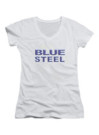 White Blue Steel Juniors V-Neck T-Shirt