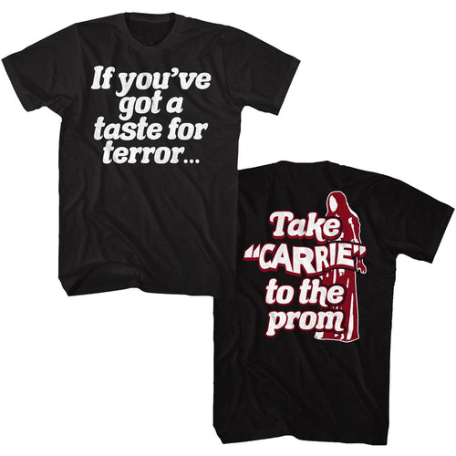 Black Carrie t-shirt featuring Carrie Take Carrie To Prom design