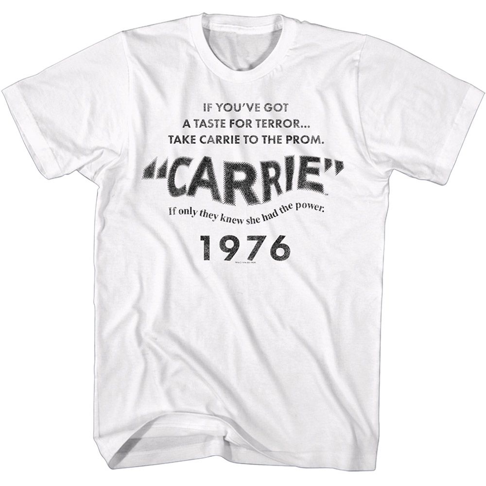 White Carrie t-shirt featuring Carrie 1976 film title card design