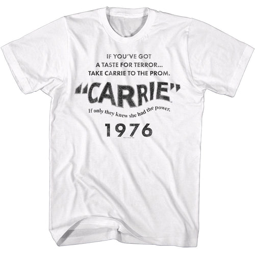 White Carrie t-shirt featuring Carrie 1976 film title card design