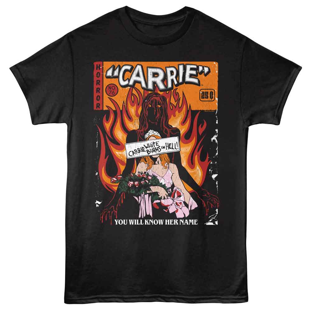 Black Carrie t-shirt featuring Carrie Flaming Cover design