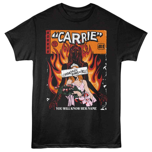 Black Carrie t-shirt featuring Carrie Flaming Cover design