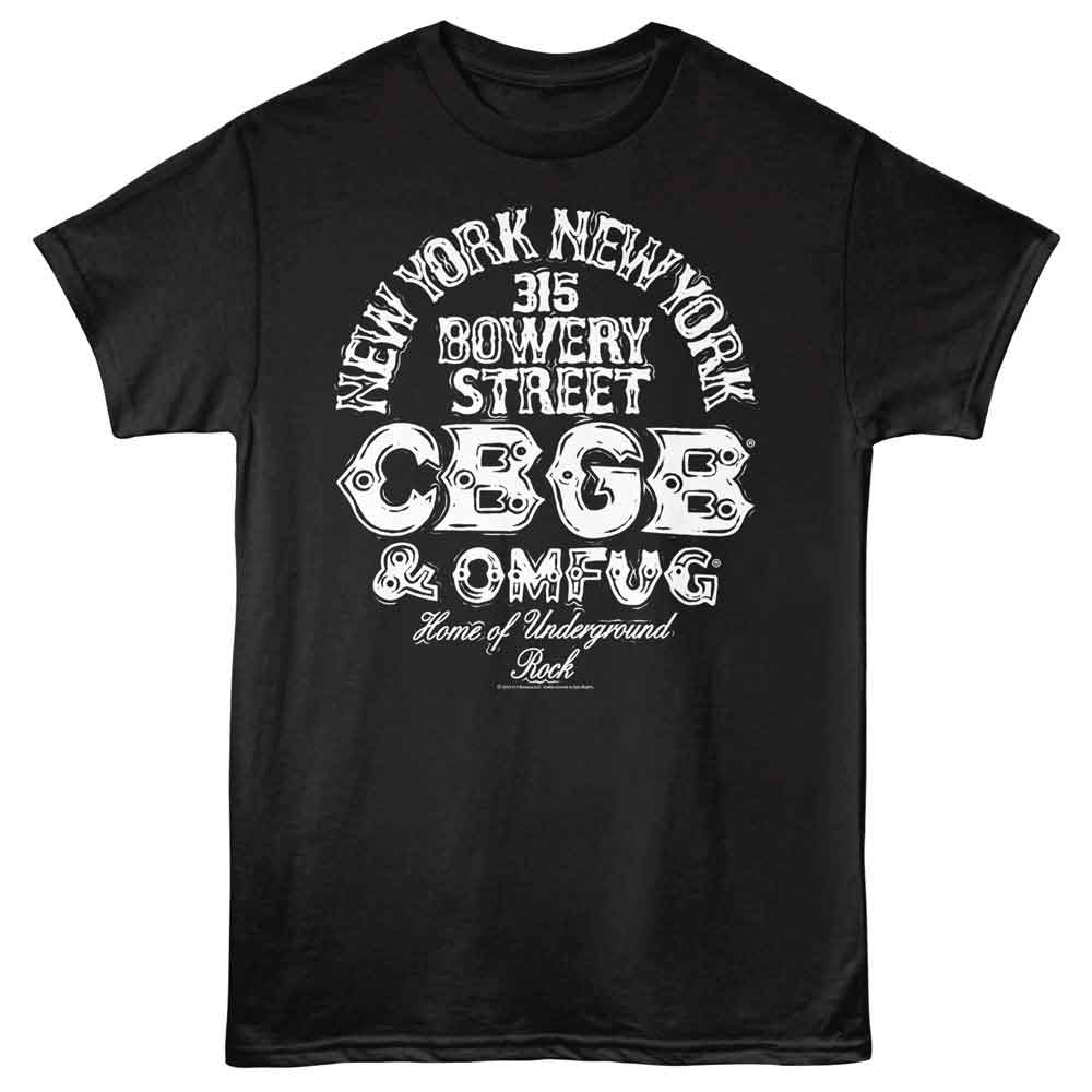 Black CBGB t-shirt featuring CBGB Logo And 315 Bowery Address design