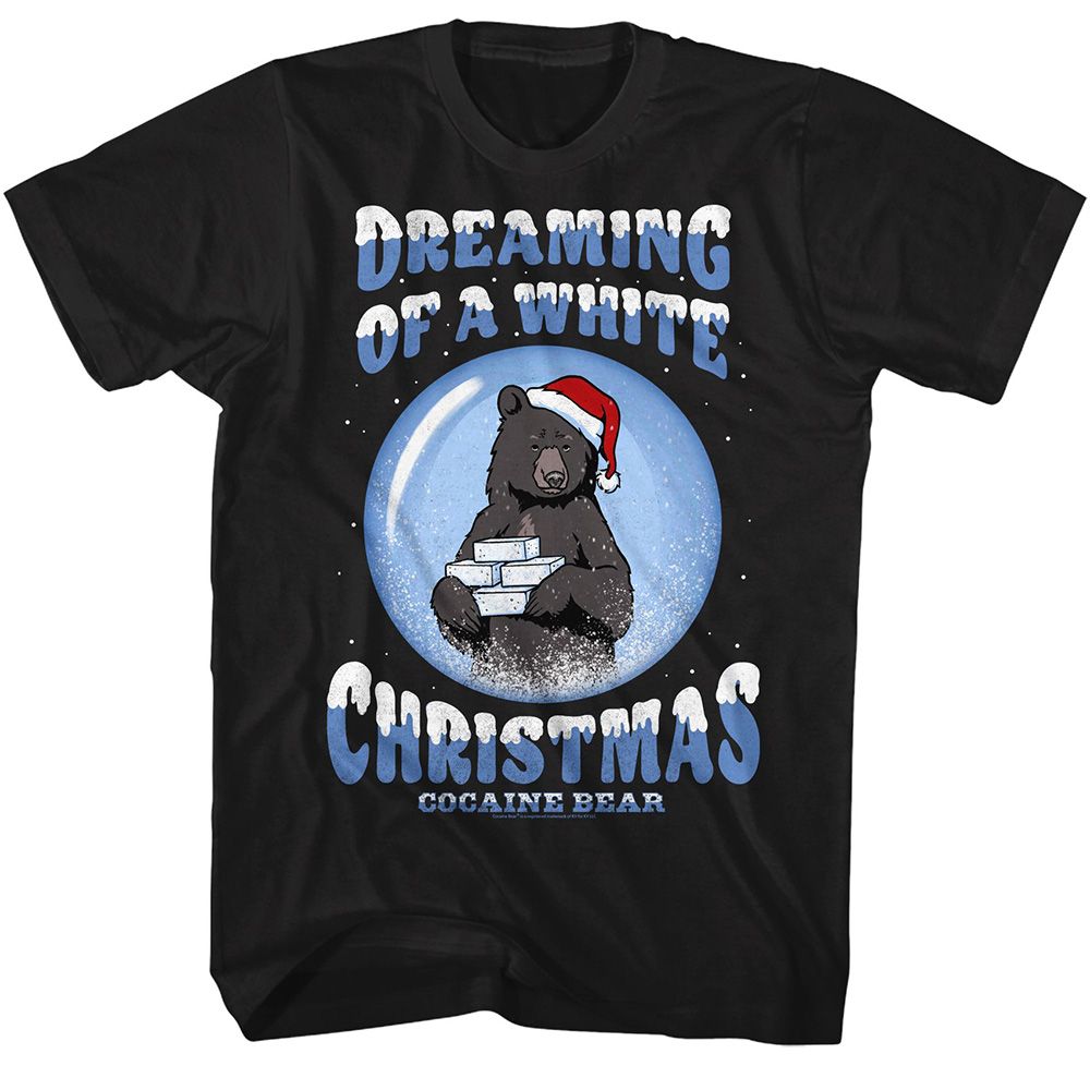 Black Cocaine Bear t-shirt featuring Cocaine Bear Dreaming Of A White Christmas design