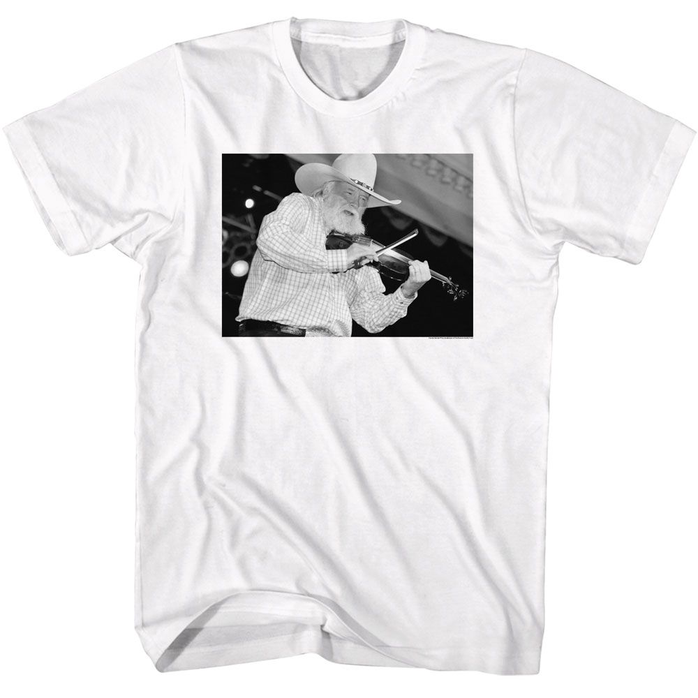 White Charlie Daniels Band t-shirt featuring Charlie Daniels Black And White portrait design