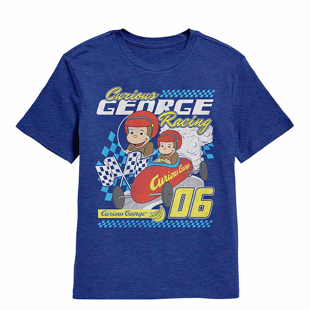 Royal blue heather Curious George t-shirt featuring a Racing design