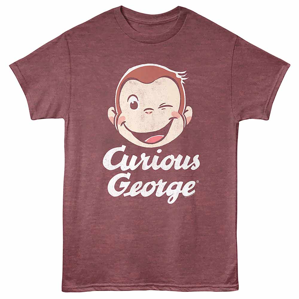 Vintage maroon heather Curious George t-shirt featuring a Wink design