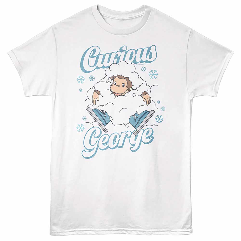 White Curious George t-shirt featuring a Christmas design