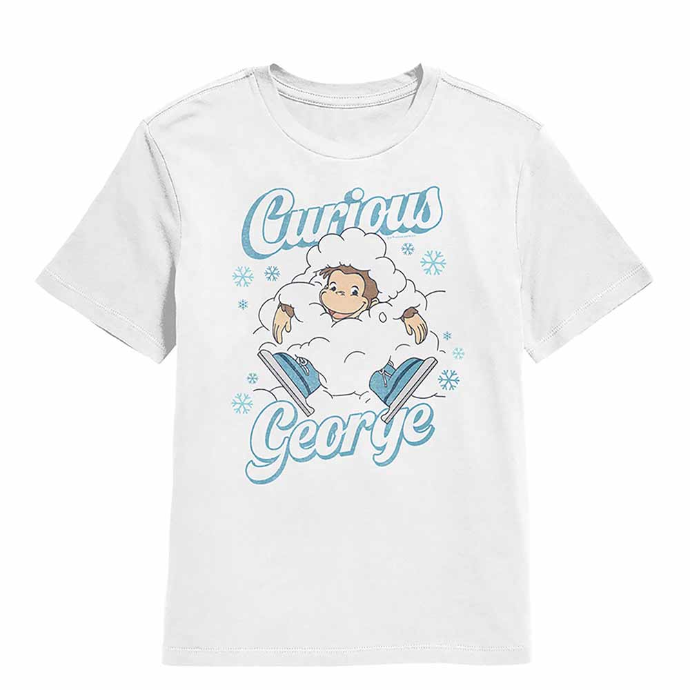 White Curious George t-shirt featuring a Christmas design