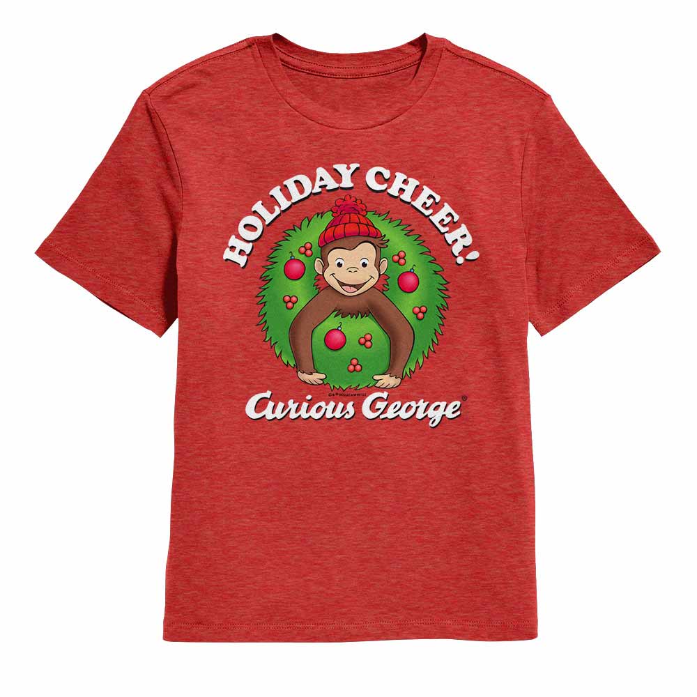 Red heather Curious George t-shirt featuring a Winter Cheers design