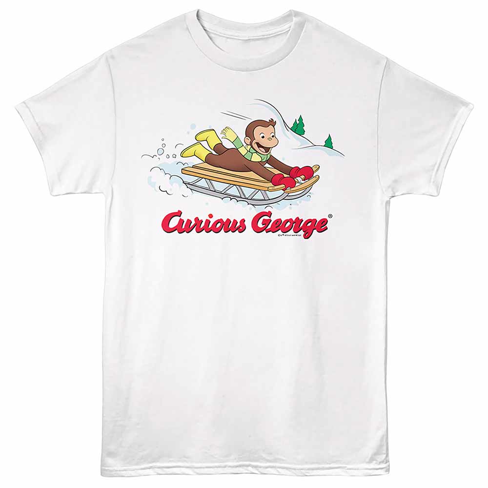 White Curious George t-shirt featuring a Sled design