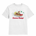 White Curious George t-shirt featuring a Sled design