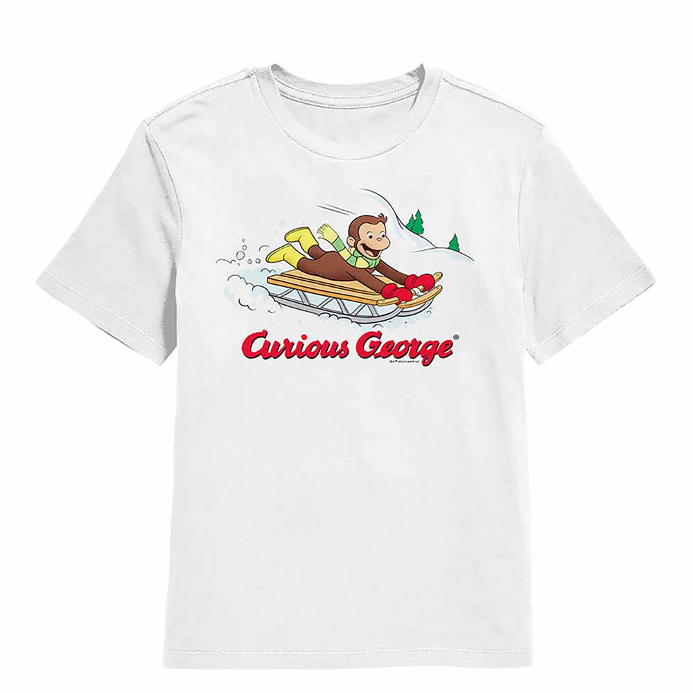 White Curious George t-shirt featuring a Sled design