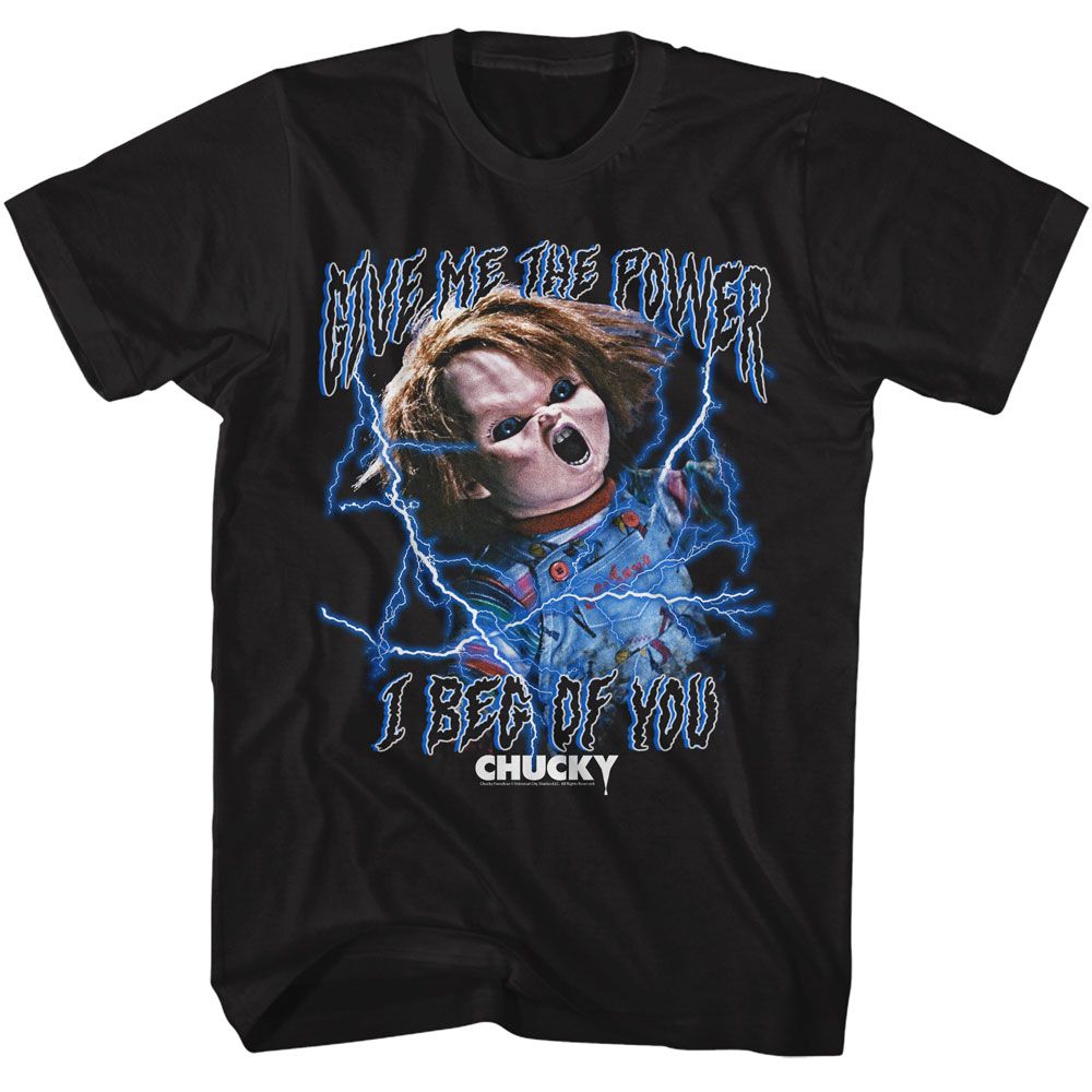 Black Chucky t-shirt featuring Chucky The Power Lightning design