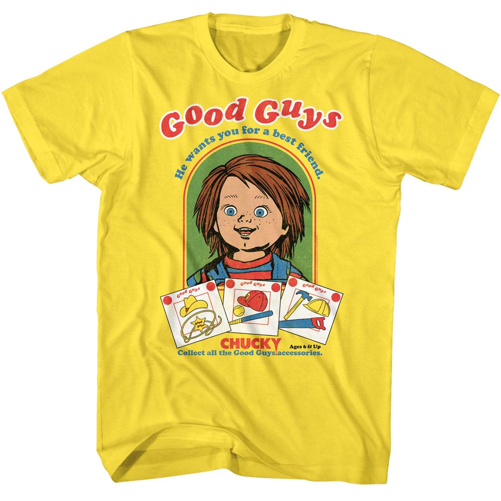 Yellow Chucky t-shirt featuring Chucky Good Guys doll design