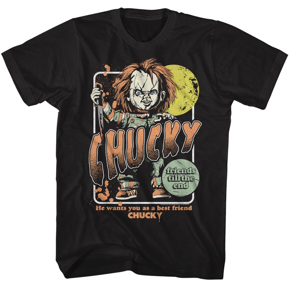 Black Chucky t-shirt featuring Chucky Full Moon design