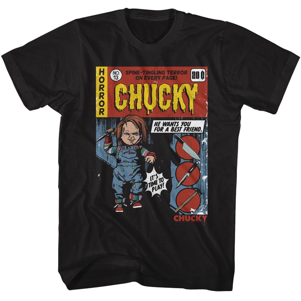 Black Chucky t-shirt featuring Chucky Comic style design