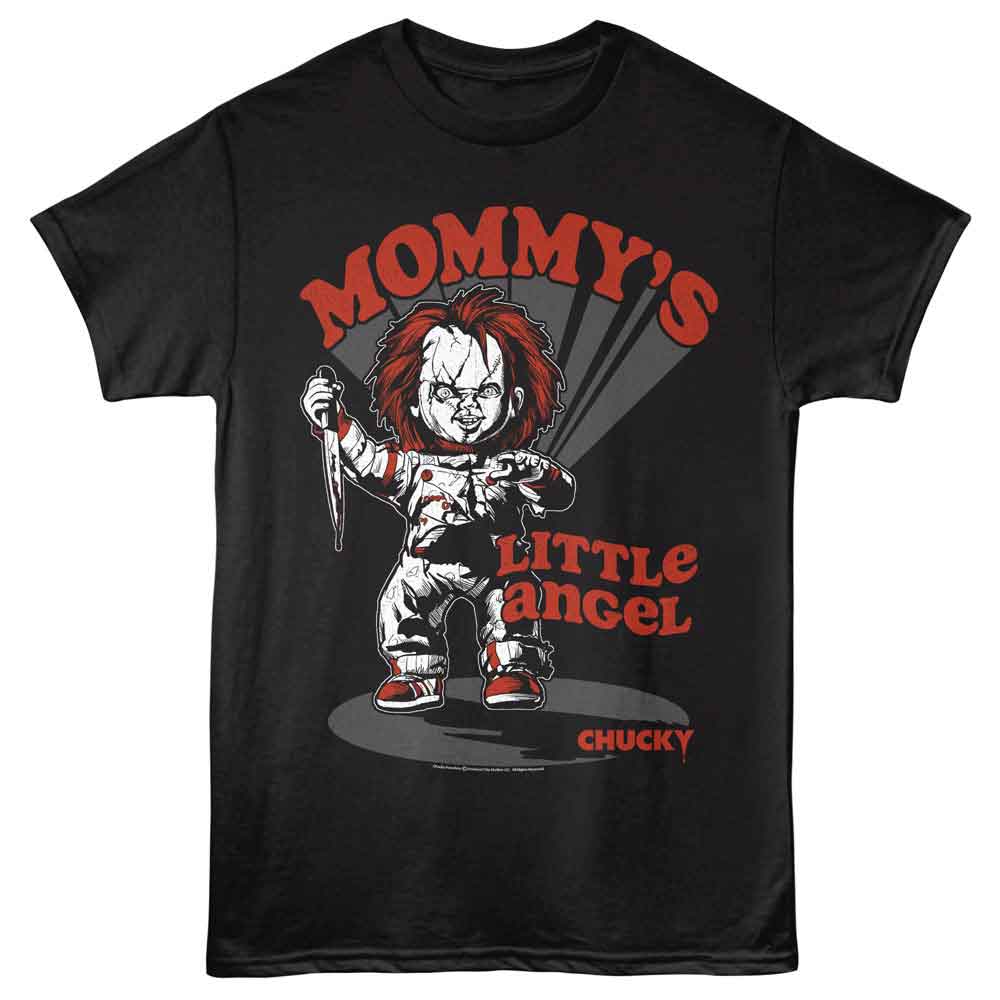 Black Chucky t-shirt featuring Chucky Mommys Little Angel design