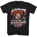 Black Chucky t-shirt featuring Chucky Naughty List Christmas design