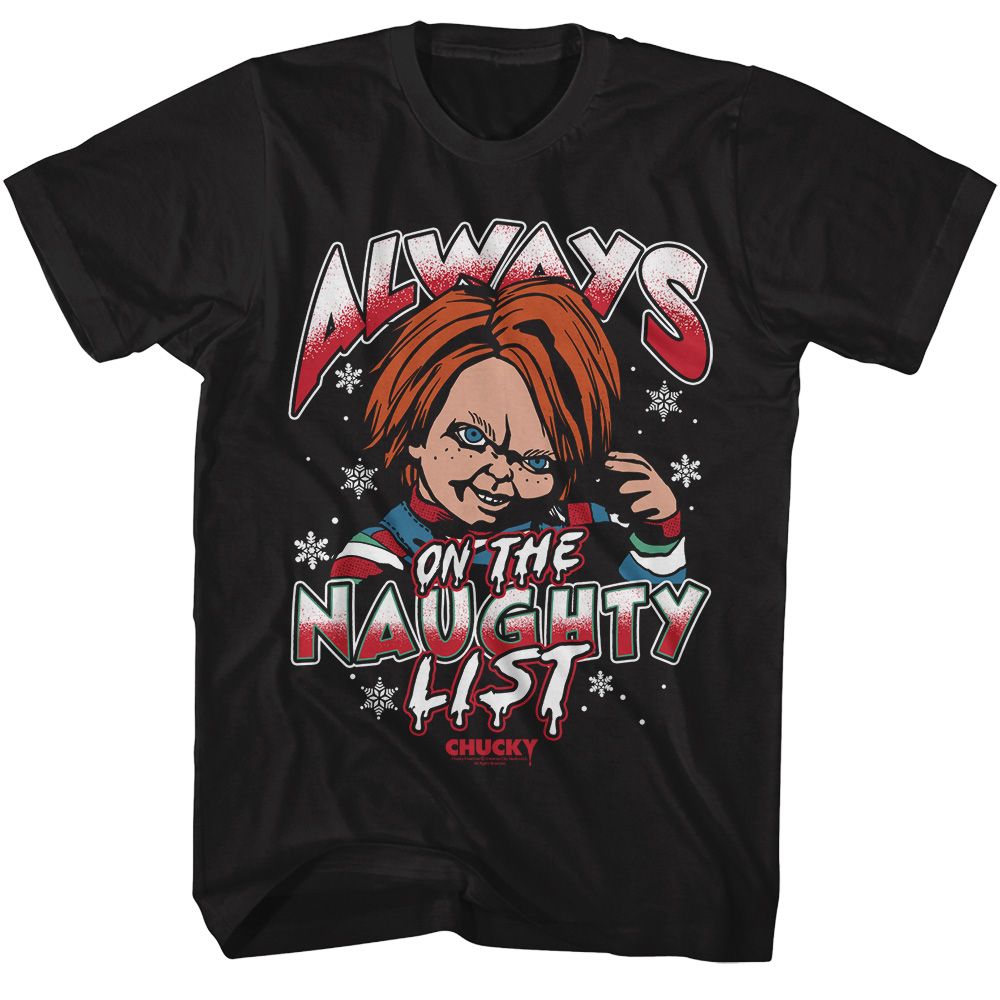 Black Chucky t-shirt featuring Chucky Naughty List Christmas design