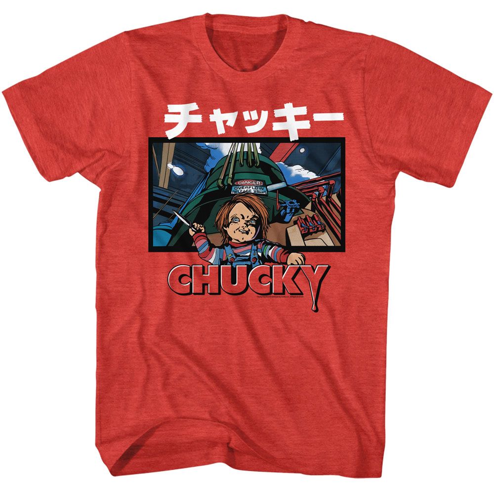 Red heather Chucky t-shirt featuring Chucky Danger Release Valve design