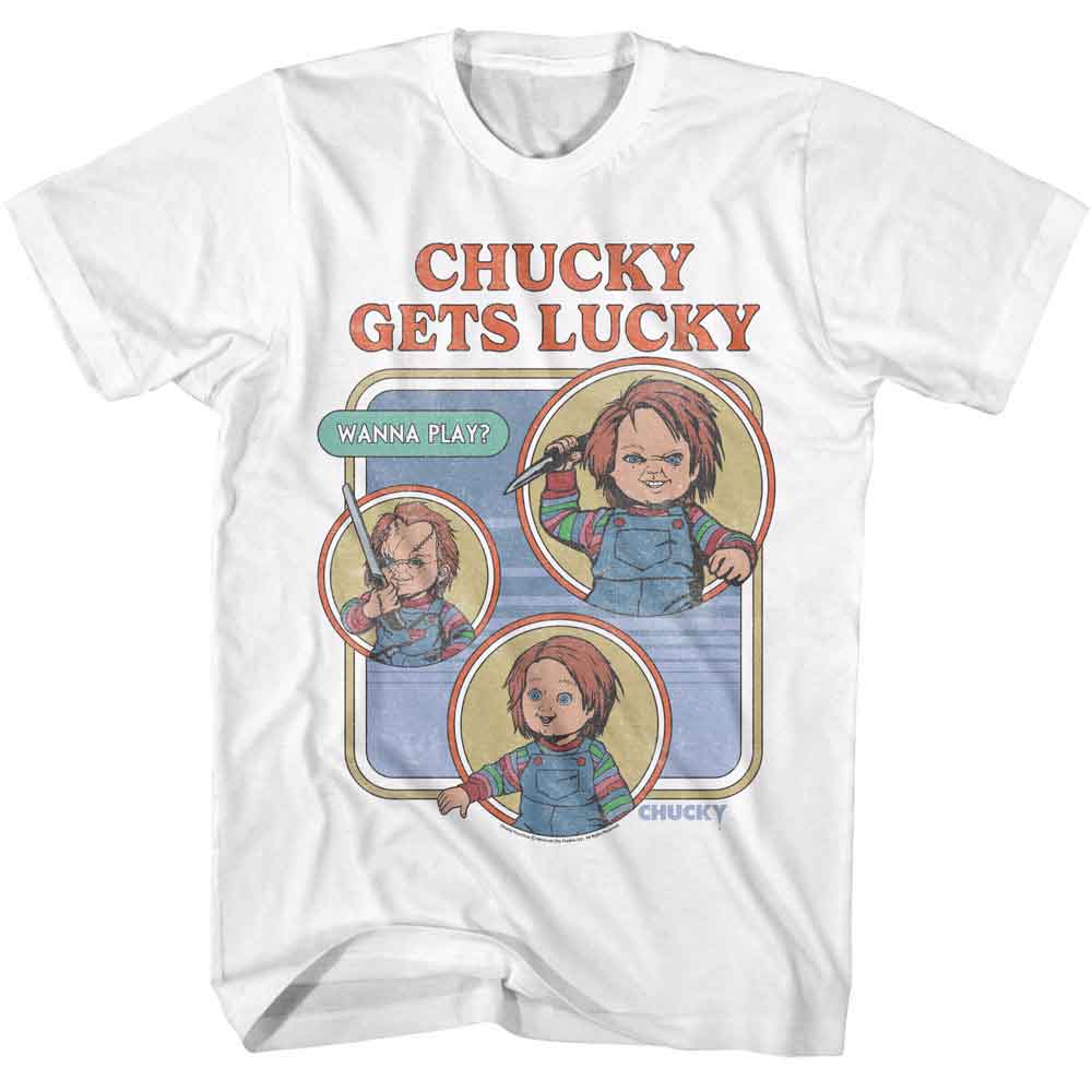 White Chucky t-shirt featuring Chucky Gets Lucky St Patricks Day design