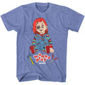 Light blue heather Chucky t-shirt featuring Chucky Wanna Play design