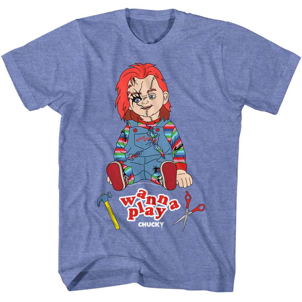 Light blue heather Chucky t-shirt featuring Chucky Wanna Play design
