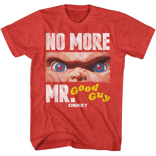 Red heather Chucky t-shirt featuring Chucky No More Mr Good Guy design