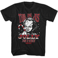 Black Chucky t-shirt featuring Chucky This Is As Jolly As I Get Christmas design