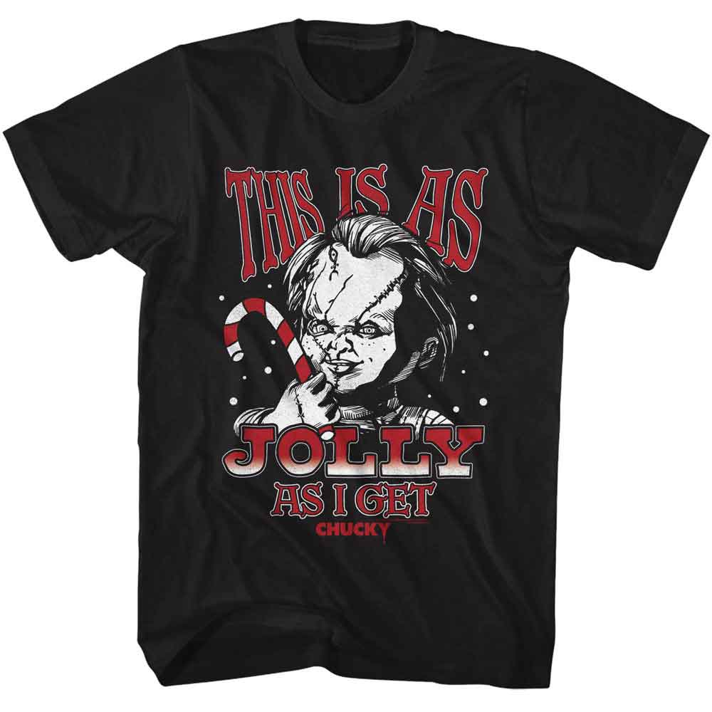 Black Chucky t-shirt featuring Chucky This Is As Jolly As I Get Christmas design