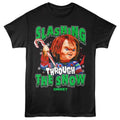 Black Chucky t-shirt featuring Chucky Slashing Through The Snow design