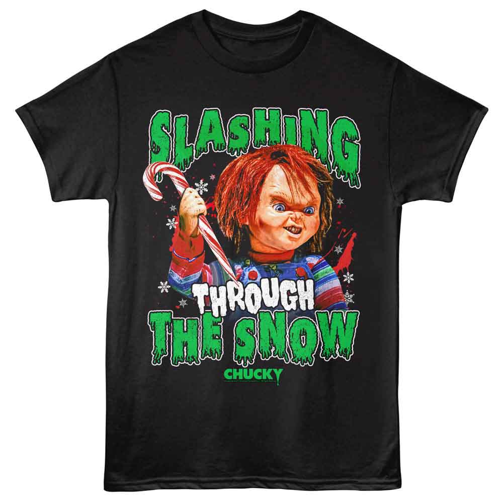 Black Chucky t-shirt featuring Chucky Slashing Through The Snow design