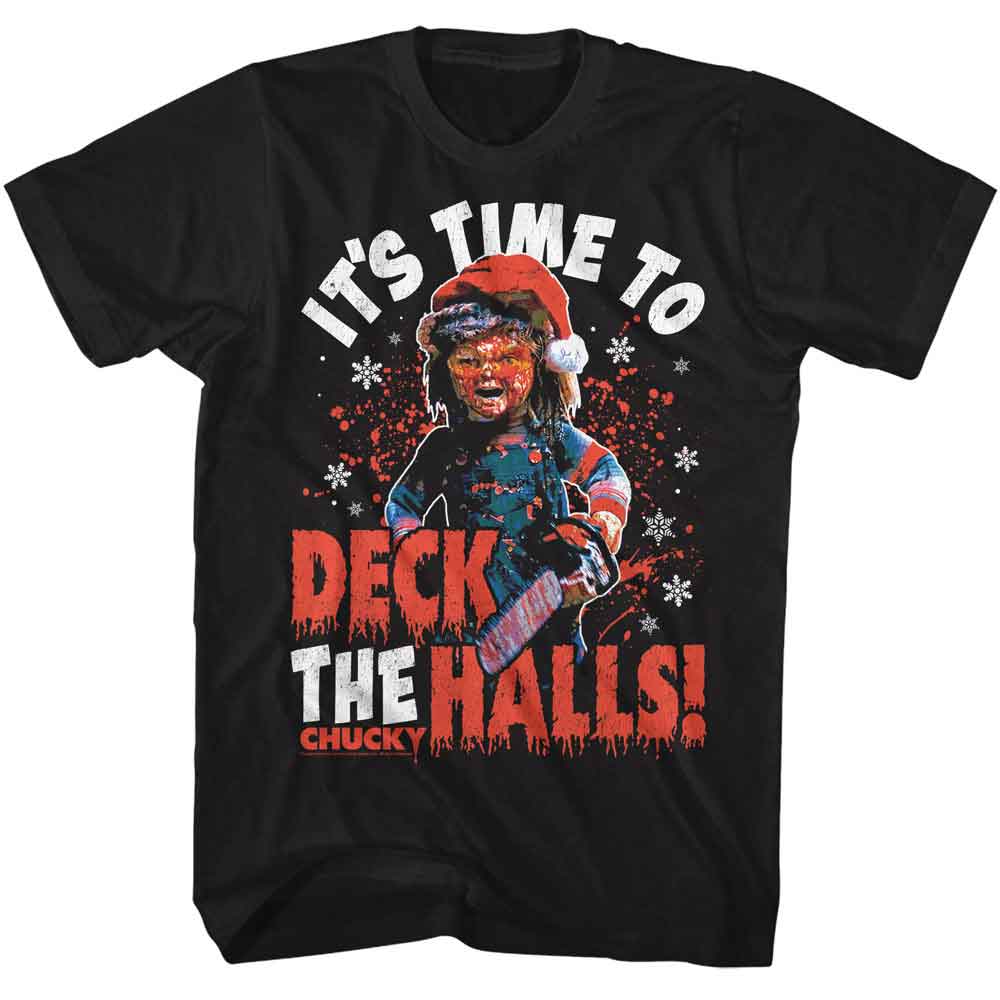 Black Chucky t-shirt featuring Chucky Deck The Halls design