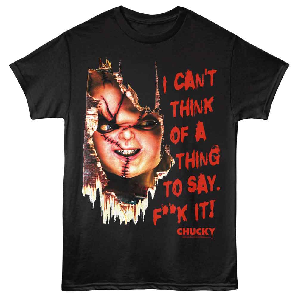 Black Chucky t-shirt featuring Chucky Can't Think Of A Thing design