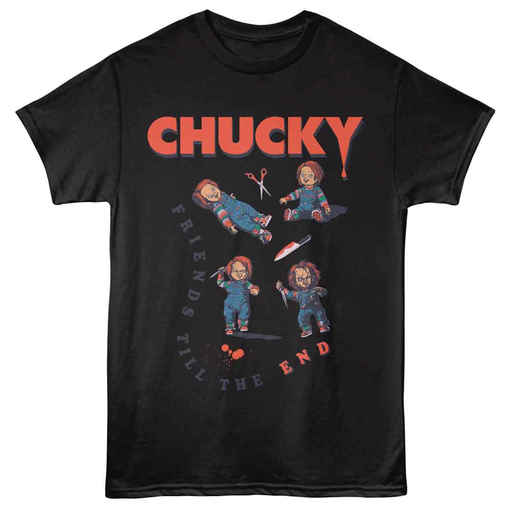 Black Chucky t-shirt featuring Chucky Friends design