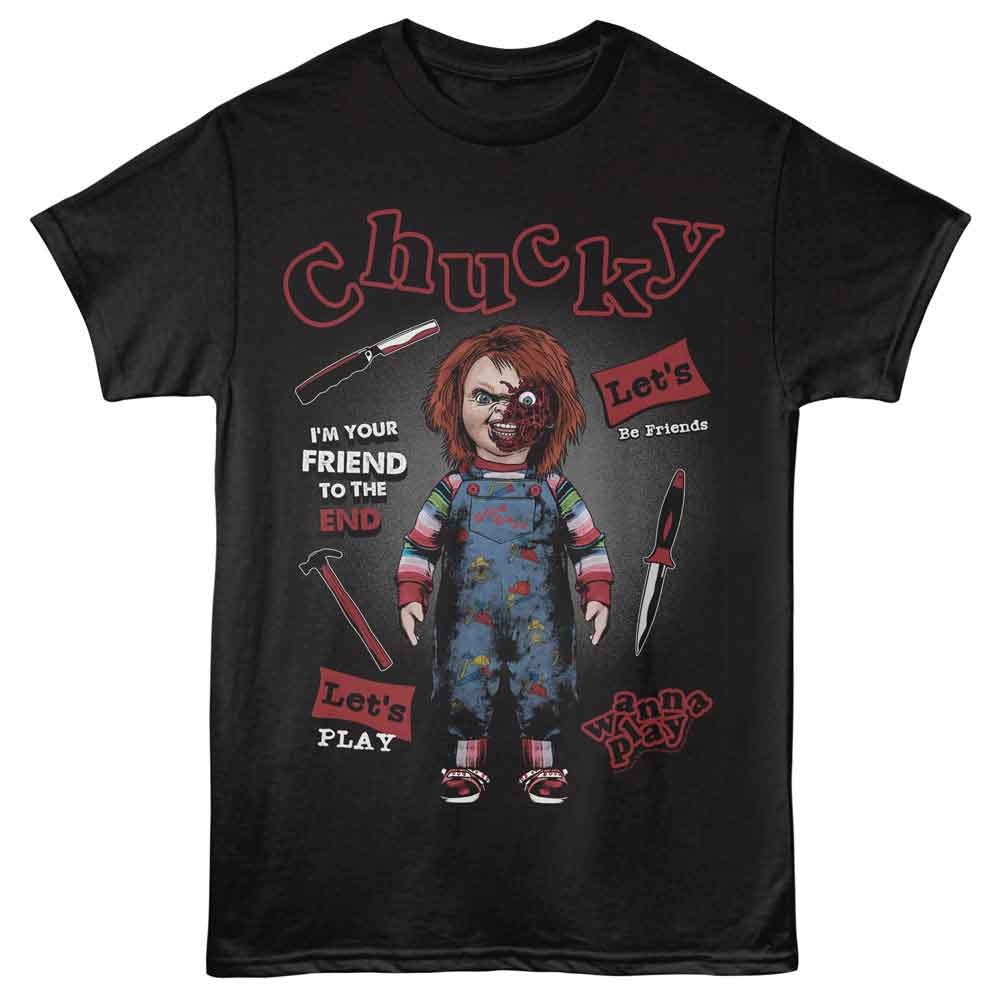 Black Chucky t-shirt featuring Chucky Let's Be Friends design