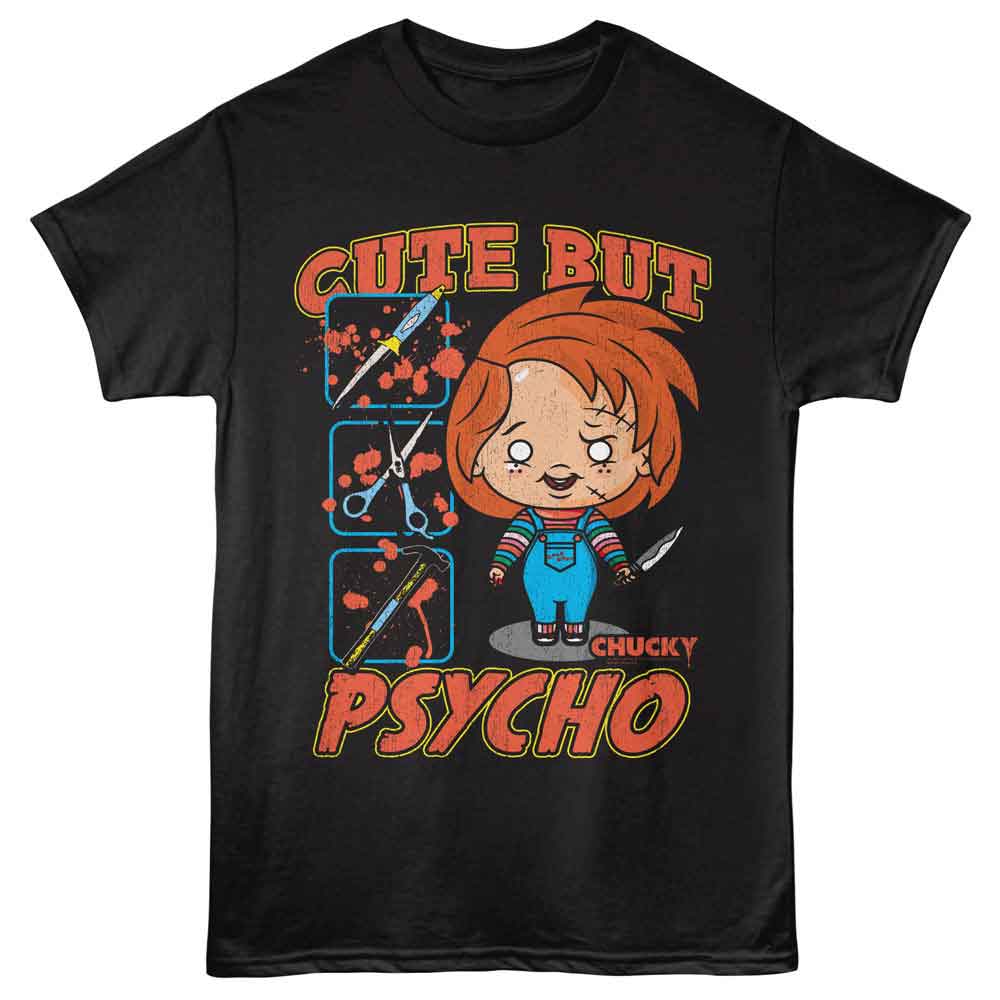 Black Chucky t-shirt featuring Chucky Cute But Psycho design