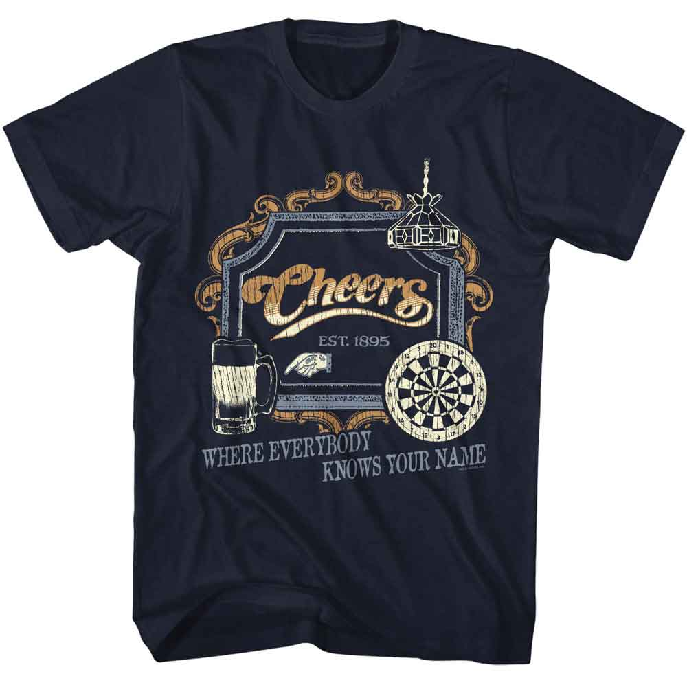 Navy Cheers t-shirt featuring Cheers exterior bar sign design