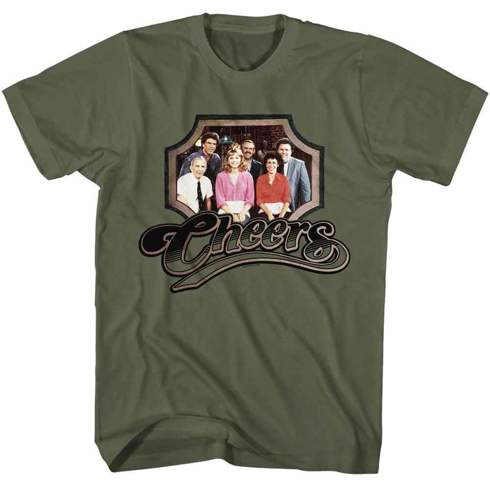 Military green Cheers t-shirt featuring Cheers Framed Photo cast design