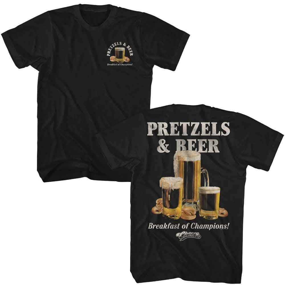 Black Cheers t-shirt featuring Cheers Pretzels And Beer front and back design