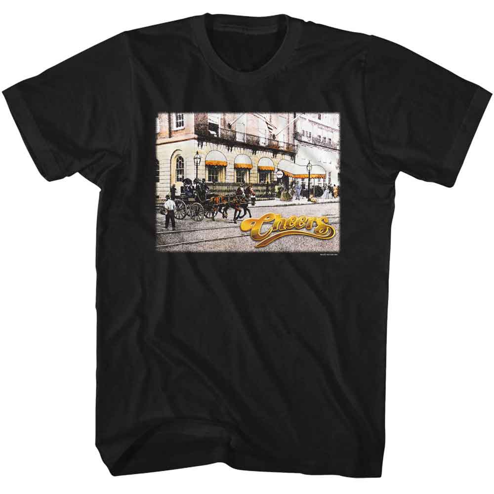 Black Cheers t-shirt featuring Cheers Boston Street View design